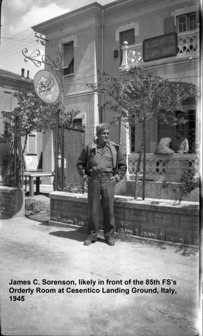85th-FS-James-Sorenson-in-front-of-squadron-orderly-room-at-Cesenatico-Italy-1945.-Montie-Whittenberg-collection-via-Ron-Whittenberg-2