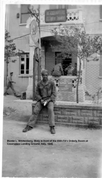 85th-FS-Montie-Whittenberg-in-front-of-squadron-orderly-room-at-Cesenatico-Italy-1945.-Montie-Whittenberg-collection-via-Ron-Whittenberg