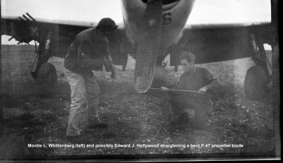 85th-FS-Montie-Whittenberg-left-and-possibly-Edward-Hollywood-straightening-P-47-blade.-Montie-Wittenberg-collection-via-Ron-Whittenberg1