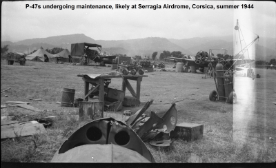 85th-FS-P-47s-undergoing-maintenance-likely-Serragia-Airdrome-Corsica-summer-1944.-Montie-Whittenberg-collection-via-Ron-Whittenberg