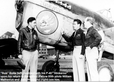 85th-FS-pilots-L-R-George-Bob-Bolte-William-Mathesius-John-Hoagland-with-Boltes-P-40-named-Stinkeroo.-Bob-Bolte-photo-via-Carl-Molesworth-Copy