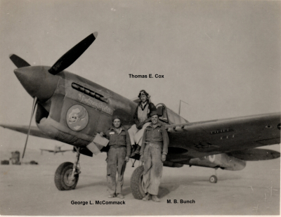 85th-FS-L-R-George-L.-McCommack-Thomas-E.-Cox-and-M.B.-Bunch-beside-Coxs-P-40-named-The-Crump-Machine.-George-L.-McCommack-collection-via-his-family