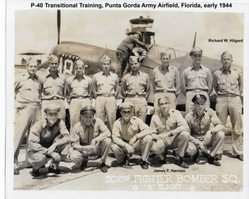 86th-FS-James-F.-Hannon-kneeling-2nd-from-right-and-Richard-W.-Hilgard-standing-far-right-at-Transitional-P-40-Training-via-the-James-Hannon-family