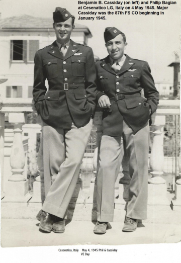 87th-FS-commander-Major-Benjamin-Cassiday-L-with-Capt.-Philip-Bagian-at-Cesenatico-Italy-4-May-1945.-Philip-Bagian-collection-via-Jim-Bagian