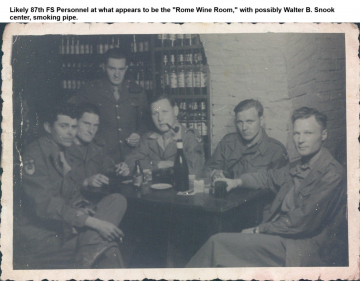 87th-FS-possibly-Walter-B.-Snook-center-with-pipe-others-unidentified-at-Rome-wine-room.-Walter-B.-Snook-collection-via-his-family