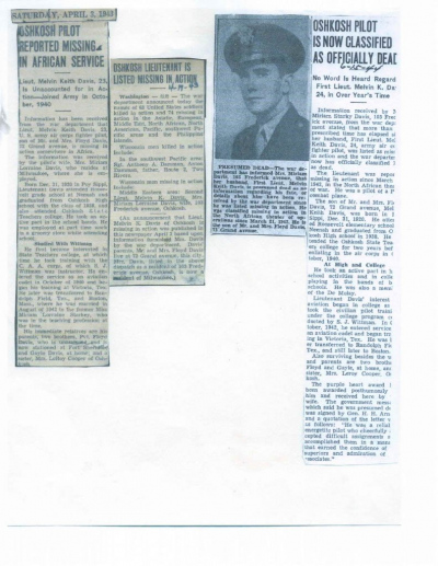 85th-FS-pilot-Lt.-Melvin-Keith-Davis-Newpaper-clippings-regarding-MIA.-Evelyn-Davis-collection-via-her-family