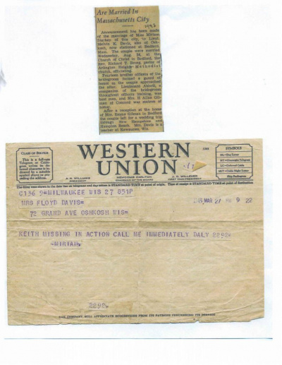 85th-FS-pilot-Lt.-Melvin-Keith-Davis-wedding-announcement-and-Western-Union-telegram-regarding-MIA.-Evelyn-Davis-collection-via-her-family